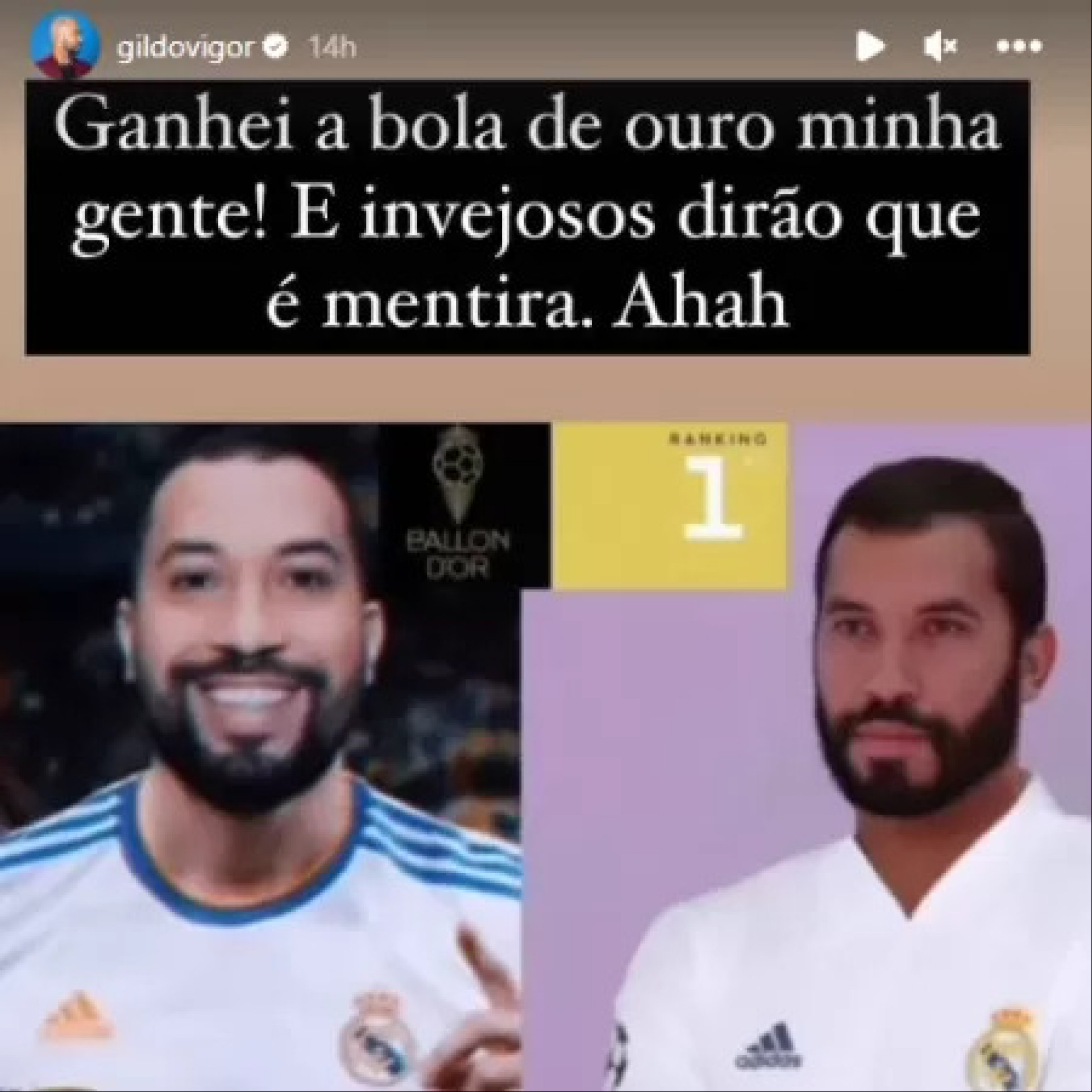 Gil postou em seus stories uma brincadeira com as montagens de seu rosto no corpo de Karim Benzema, ganhador da Bola de Ouro de 2022