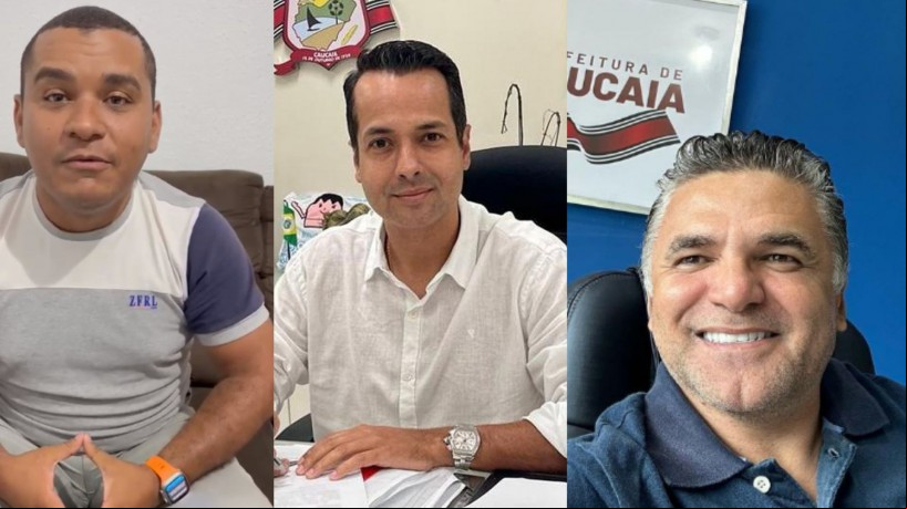 Funcionário (à esquerda) da gestão de Vitor Valim (ao centro) fez acusações direcionadas ao vice-prefeito, Deuzinho Filho (à direita)