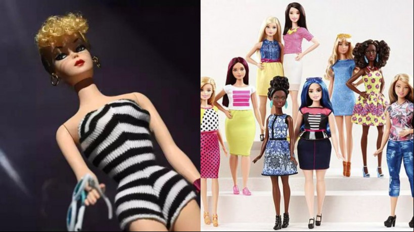 Boneca Lilli feita em território alemão, inspiração para o surgimento da Barbie. Ao lado direito, várias Barbies existentes na atualidade