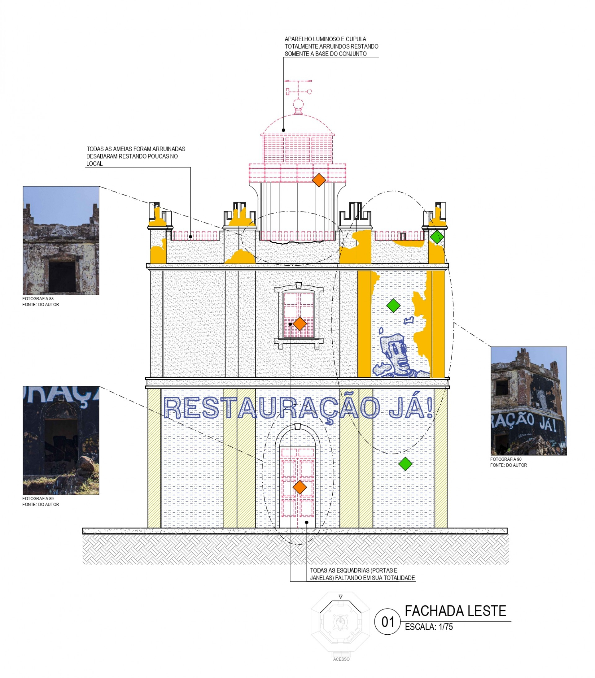 O projeto de restauração prevê a reconstrução do domo (Foto: Projeto de Restauração / Setur)