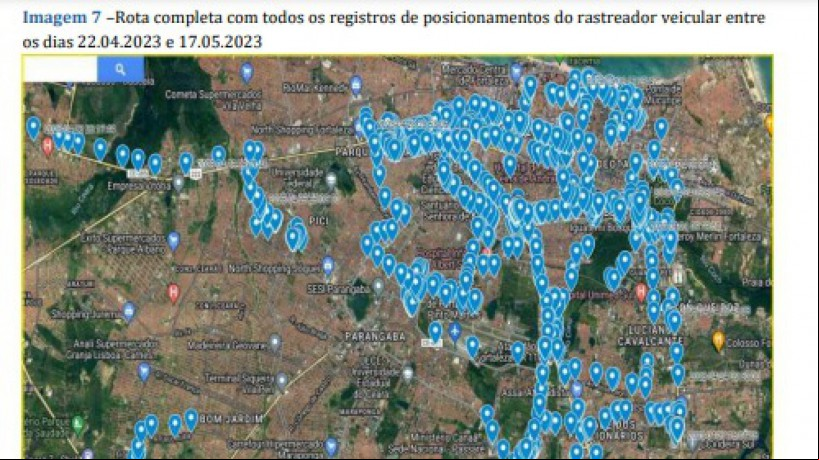 Mapa com todos os registros feitos pelo rastreador, entre os dias 22 de abril e 17 de maio de 2023, inserido no carro do advogado assassinado
