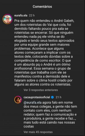 Cacau Protásio responde seguidora sobre briga entre atores e roteiristas do "Vai que Cola"(Foto: Reprodução/Instagram)