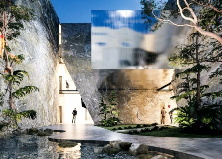 O traçado simula o percurso do rio e do mar, além de incorporar uma grande rocha natural, semelhante a uma caverna, que leva as pessoas a uma área de lazer com piscinas e academia.