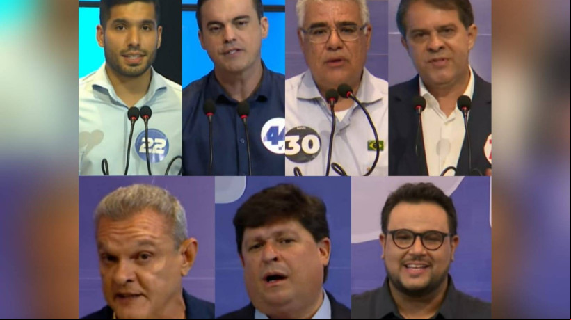 André Fernandes (PL), Capitão Wagner (União), Eduardo Girão (Novo), Evandro Leitão (PT), José Sarto (PDT), George Lima (Solidariedade) e Técio Nunes (PSOL) participaram do debate neste sábado, 28