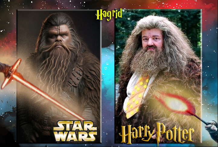 Aqui, veja a diferença entre o Hagrid-Chewbacca e o gigante da escola de formação de bruxos. Será que alguém identificaria Hagrid no seu personagem em Star Wars? Ficou diferente...