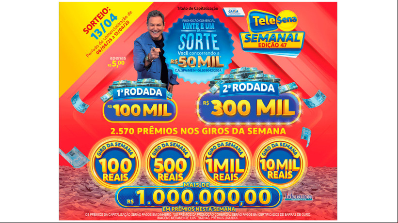Tele Sena Semanal: resultado do sorteio de hoje, domingo,13 de abril de 2025 (13/04/25), pelo SBT. Mais de R$ 1 milhão em prêmios