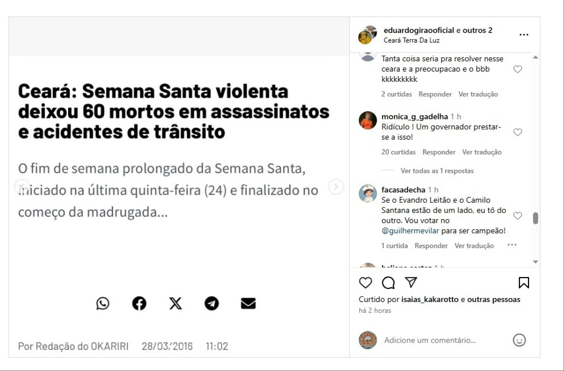 Senador utilizou uma notícia de 2016 entre as capturas de tela para criticar a gestão dos chefes do Executivo de Fortaleza e do Ceará Senador utilizou uma notícia de 2016 entre as capturas de tela para criticar a gestão dos chefes do Executivo de Fortaleza e do Ceará