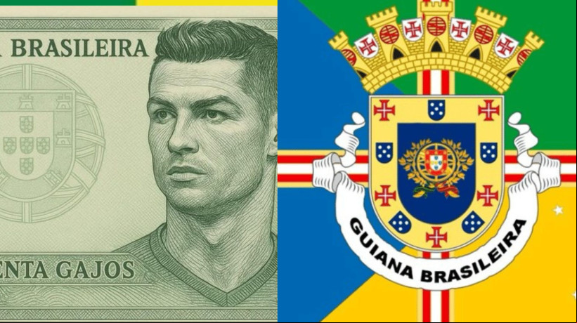 Imagem de uma cédula de '50 Gajos', com o rosto de Cristiano Ronaldo, e a bandeira em alusão ao meme da Guiana Brasileira