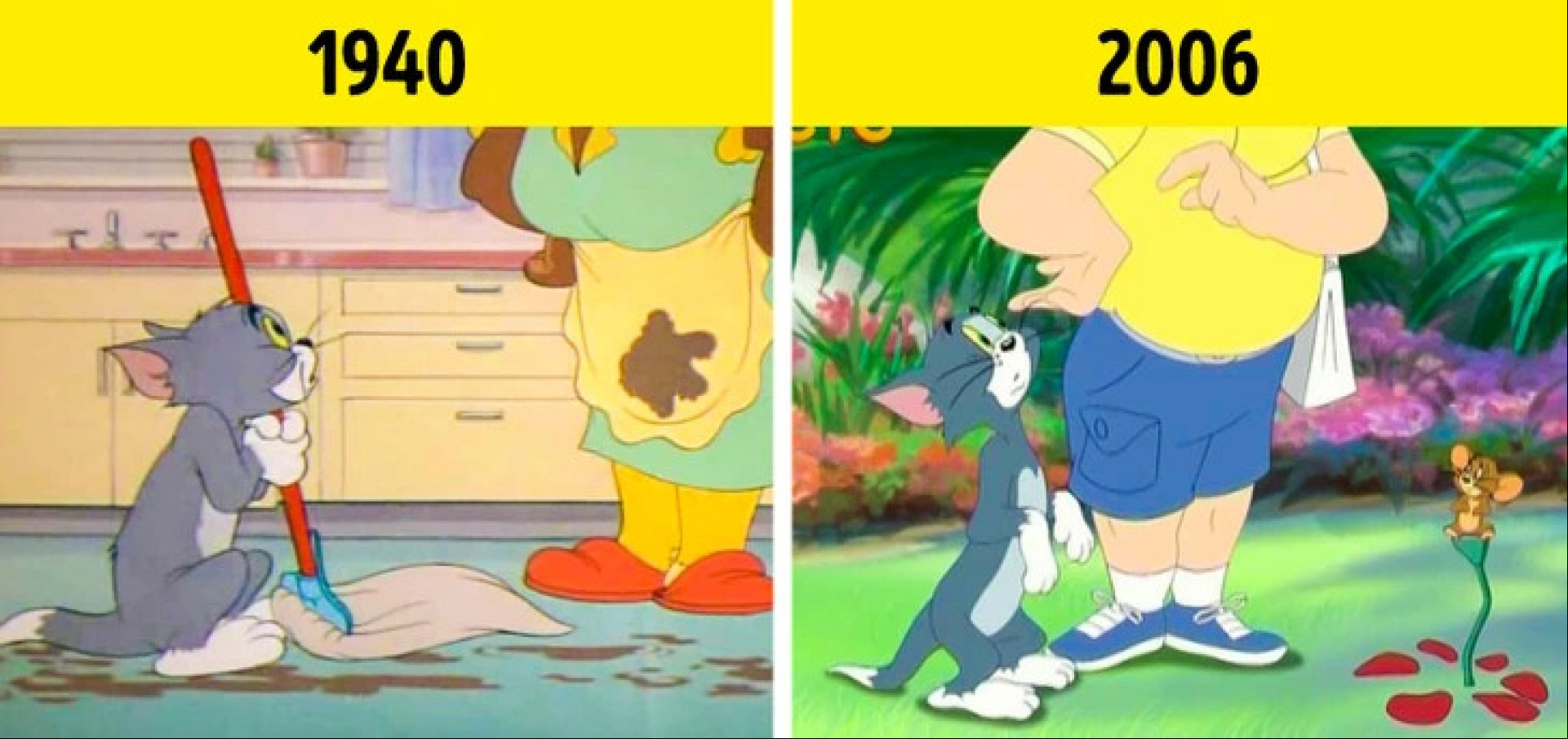 Mudança da personagem Mammy Two Shoes após a exibição dos episódios originais na televisão, sob a supervisão de Chuck Jones Mudança da personagem Mammy Two Shoes após a exibição dos episódios originais na televisão, sob a supervisão de Chuck Jones