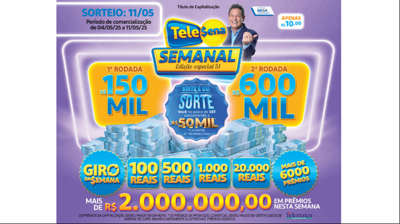 Tele Sena Semanal: resultado do sorteio de hoje, domingo, 11 de maio de 2025 (11/05/25), pelo SBT. Mais de R$ 2 milhões em prêmios