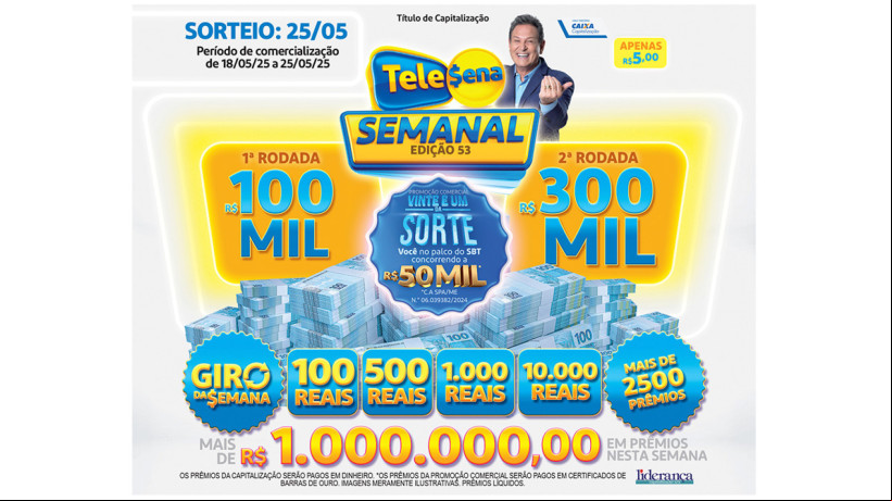 Tele Sena Semanal: resultado do sorteio de hoje, domingo, 25 de maio de 2025 (25/05/25), pelo SBT. Mais de R$ 1 milhão em prêmios