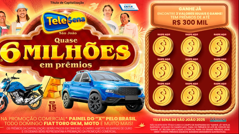 Tele Sena de São João 2025: resultado do sorteio de hoje, domingo, 1º de junho de 2025 (01/06/25); quase R$ 6 milhões em prêmios