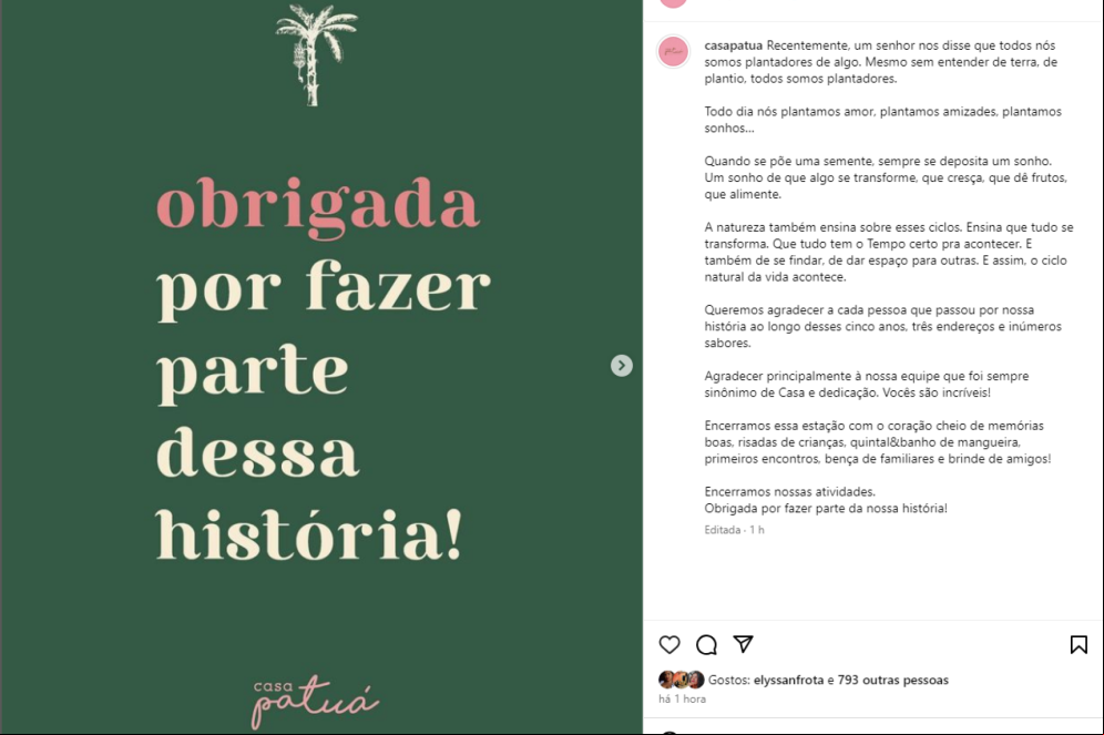 O anúncio do fechamento do Casa Patuá foi feito na manhã deste sábado, 21, em postagem do Instagram O anúncio do fechamento do Casa Patuá foi feito na manhã deste sábado, 21, em postagem do Instagram